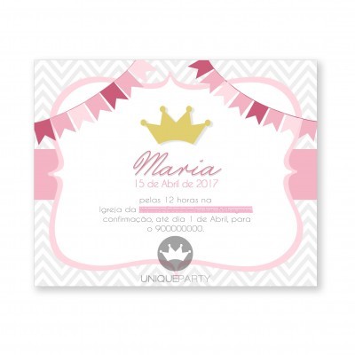 Convite de festa rosa com padrão chevron e coroas amarelas