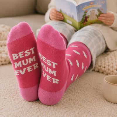 Meias cor de rosa com texto BEST MUM EVER na sola
