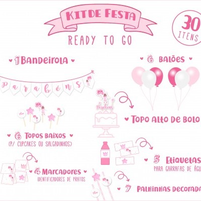 Kit de festa com 30 itens decorativos em rosa e branco para celebração.