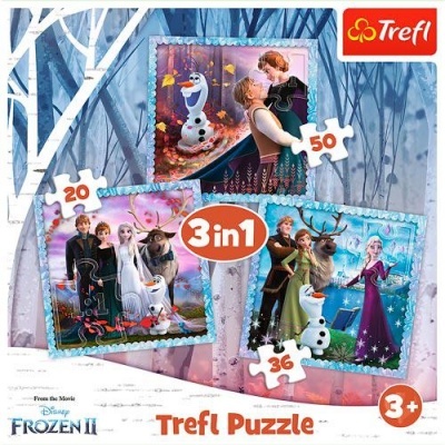 Caixa do conjunto Trefl Puzzle 3 em 1 Frozen II com três puzzles de 20, 36 e 50 peças