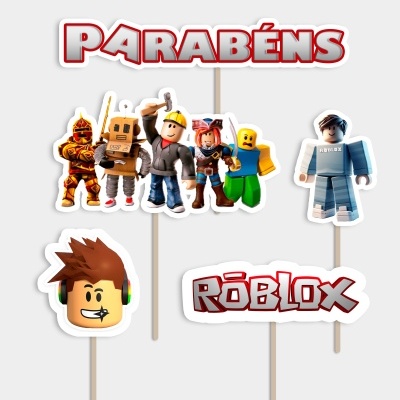 Toppers para bolos Roblox com personagens e texto Parabéns e Rôblox