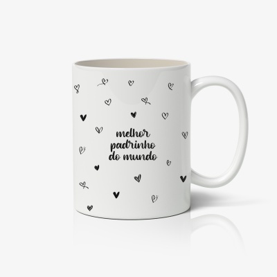 Caneca branca com texto e corações pretos