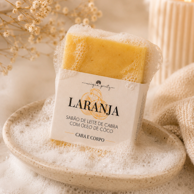 Sabão laranja com embalagem branca em prato cerâmico com espuma e uma vela acesa