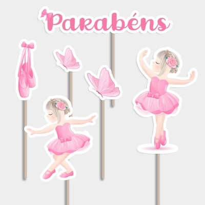 Toppers decorativos para bolos com tema ballet em tons de rosa e branco.