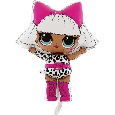 Balão em formato de boneca com cabelo branco, laço rosa e roupa de padrão animal