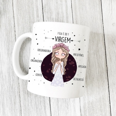 Caneca branca com desenho e texto sobre o signo Virgem