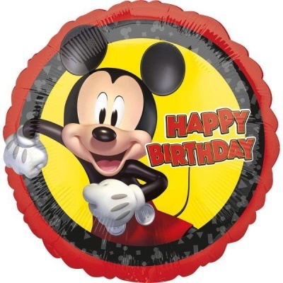 Balão redondo de festa com imagem do Mickey e texto HAPPY BIRTHDAY