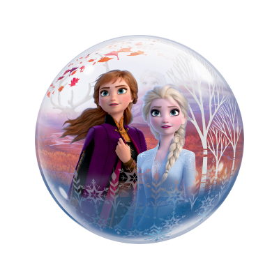 Bola transparente com personagens Anna e Elsa do Frozen e padrões de folhas e flocos de neve.
