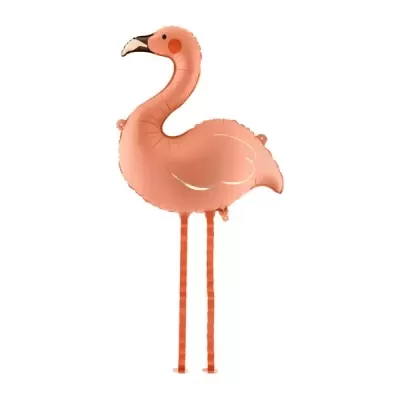 Balão metálico rosa em forma de flamingo com pernas compridas sobre fundo branco