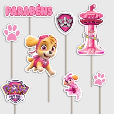 Toppers de bolo Patrulha Pata rosa com personagens e texto PARABÉNS