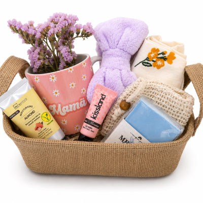 Cesta com caneca rosa Mamã, flores lilases, creme amêndoa, batom Kissland, puff lilás, toalha bordada, esponja e sabonete azul