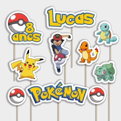 Toppers para bolo de cartão com tema Pokémon e texto varias