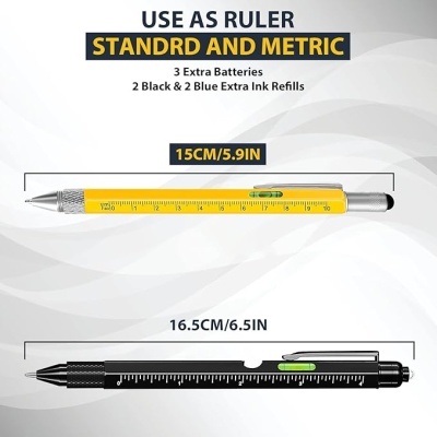 Duas canetas com régua e bolha de nível, uma amarela e uma preta
