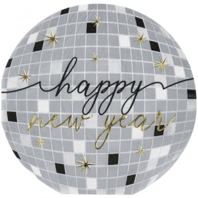 Balão decorativo cinza com texto 'happy new year' e estrelas douradas
