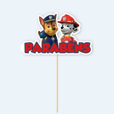 Espeto decorativo de bolo com personagens caninos e texto PARABÉNS