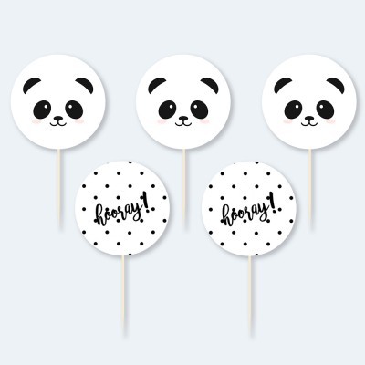 topos para bolos redondos com rostos de panda e texto hooray
