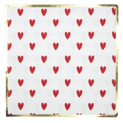 Guardanapo branco com corações vermelhos e bordas douradas