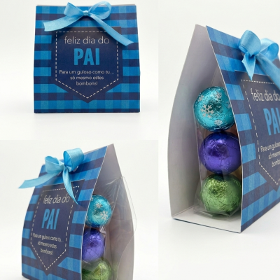 Caixa azul com chocolates coloridos e mensagem para o dia do pai