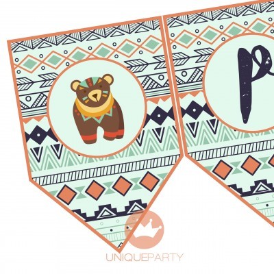Bandeirola decorativa com padrão geométrico e desenho de urso tribal
