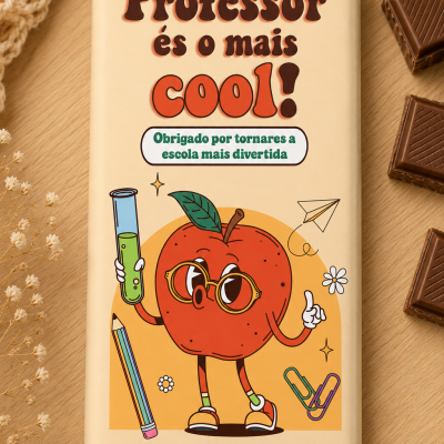 Barra de chocolate com embalagem personalizada para professores em papel bege com desenho divertido e texto em português.