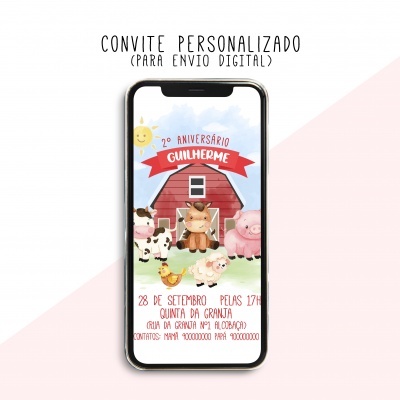 Convite digital de aniversário com animais da quinta num ecrã de smartphone