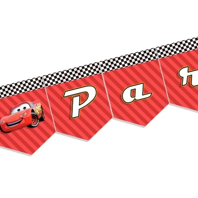 Bandeirola decorativa vermelha com letras e personagem de desenho animado carro