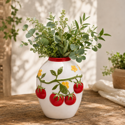 Vaso de cerâmica branca com decoração de tomates e flores, com folhas verdes dentro, sobre mesa de madeira