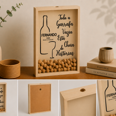 Porta rolhas de vinho decorativo em madeira clara com rolhas, texto em preto e vidro frontal num ambiente minimalista com vaso, livros e copo.