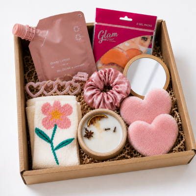 Kit de produtos de beleza e cuidado pessoal disposto numa caixa de presente com elementos cor-de-rosa e bege.