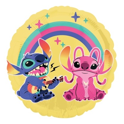 Balão redondo amarelo com desenho de personagens cartoon e arco-íris.