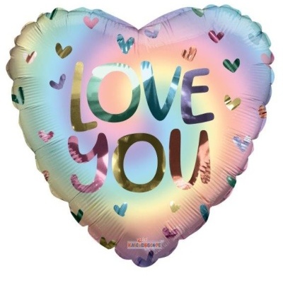 Balão metálico em formato de coração com texto LOVE YOU e padrão de corações coloridos