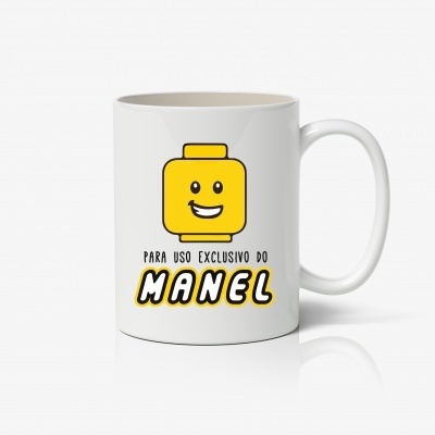 Caneca branca com desenho amarelo e texto preto e amarelo