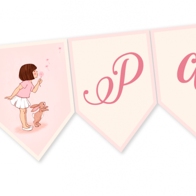 Bandeirola de tecido rosa com menina e coelho, letras rosa P e a