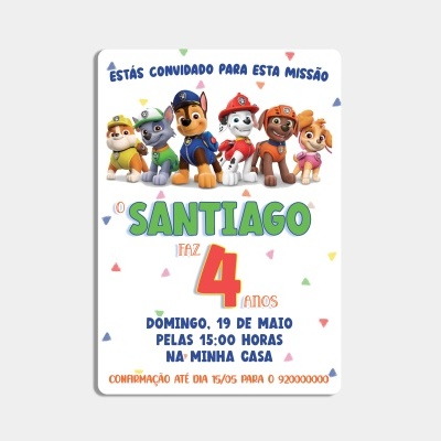 Convite para festa infantil da Patrulha Pata com texto detalhando o aniversário do Santiago