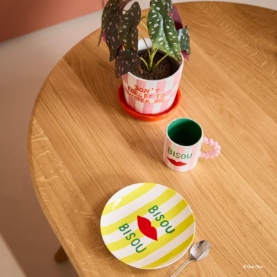 Vaso cerâmico, planta, prato e chávena com texto e padrões coloridos sobre mesa de madeira