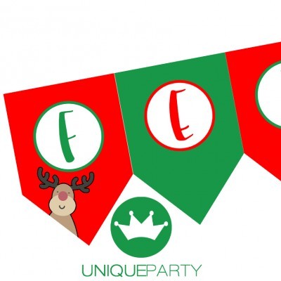 Bandeirola decorativa com letras F e E e rena, texto UNIQUEPARTY
