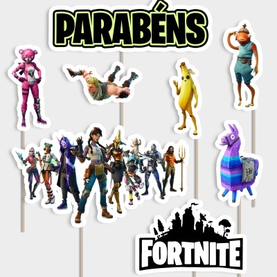 Conjunto de figuras recortadas do Fortnite com textos Parabéns e Fortnite