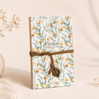 Caderno decorativo com padrão de ramos e frutos cítricos e cordão castanho com pingente de folha