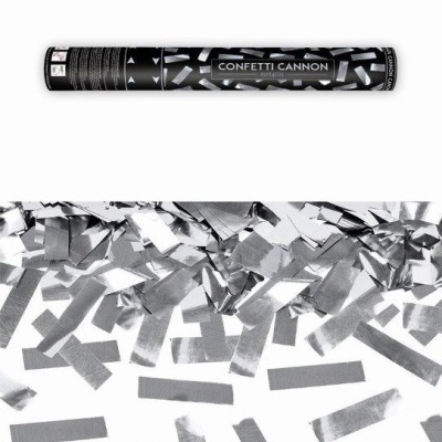 Canhão de confetes preto com texto e confetes prateados espalhados