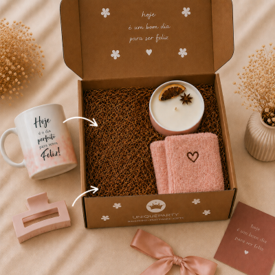 Conjunto de presente com caneca, vela, toalhas e caixa decorativa em tom cor-de-rosa e castanho