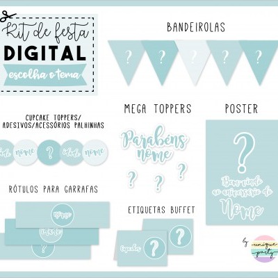 Kit digital para festa com bandeirolas, toppers, rótulos, etiquetas e poster em azul claro com espaço para nome