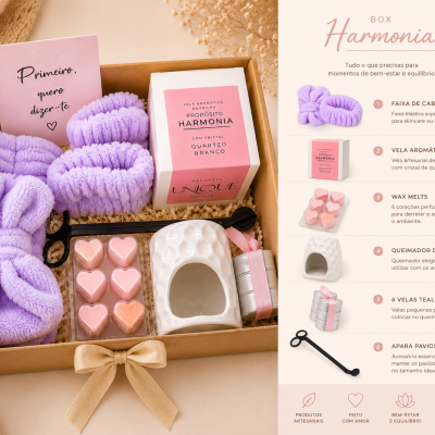 Caixa de presente Harmonia com vários produtos aromáticos e acessórios de cor lilás e rosa