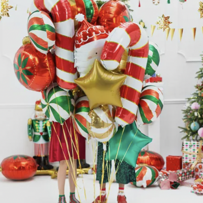 Balões de festa natalícios em foil coloridos com desenhos de Natal