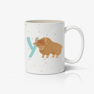 Caneca branca com ilustração de iaque e letra Y azul