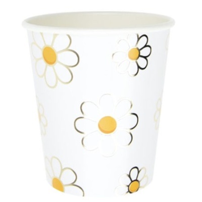 Copo de papel branco com flores amarelas e douradas