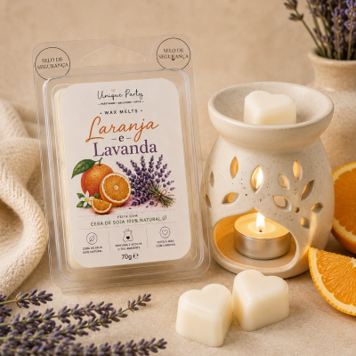 Cera em forma de corações ao lado de queimador cerâmico creme com vela acesa, embalagem com texto Unique Party WAX MELTS Laranja e Lavanda e decoração de lavanda e laranja