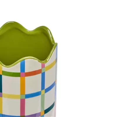 Vaso de cerâmica com padrão quadriculado colorido e interior verde