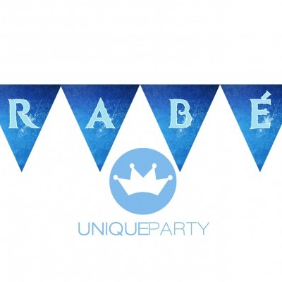 Bandeirola azul com personagens do Frozen e texto 'PARABÉNS'