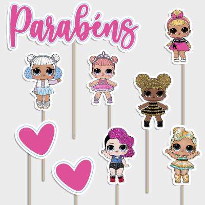 Toppers para bolos com bonecas LOL, corações rosa e a palavra 'Parabéns'