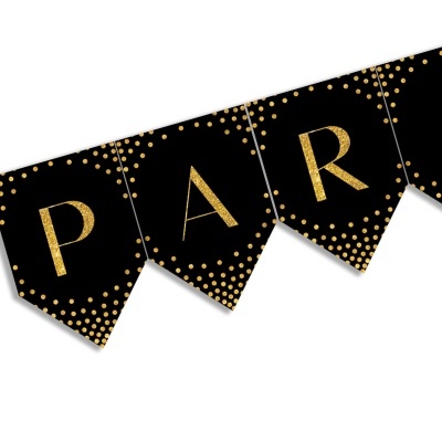 Faixa decorativa preta com letras douradas e pontos dourados